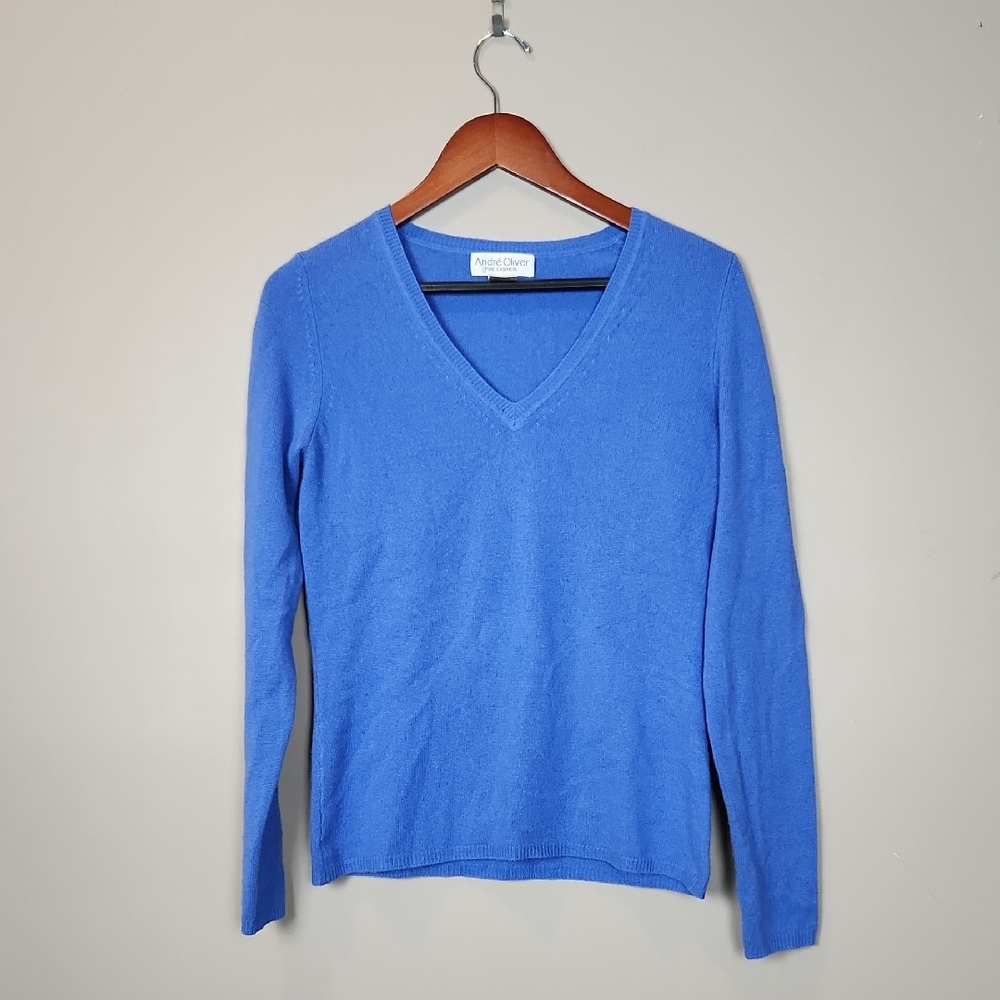 Andre Oliver Blue‎ 2-Ply 100% Cashmere V-Neck Sweater Size Medium